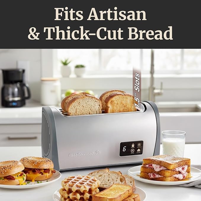 Elite Gourmet Digital Long Slot 4-Slice Toaster – Touch Screen LED Display, Extra Wide 1.5” Slots for Artisan & Bagel Bread, 6 Browning Levels, Defrost & Reheat, Stainless Steel Modern Design