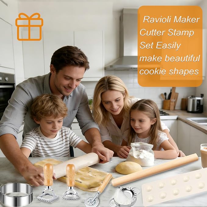 8 Piece Ravioli Press Mold Set,Pasta Making Tools, Ravioli Kit Include 10 Holes Ravioli Maker, 3 Pasta Cutter Stamp Makers,Rolling Pin,Ravioli Making Kit for Home Kitchen Supplies (8)
