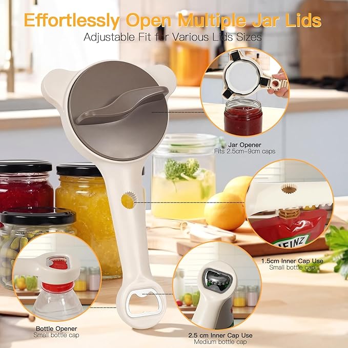 4-in-1 Multi-Functional Jar and Bottle Opener, Adjustable Stainless Steel Lid Remover for Weak Hands & Seniors, Fits Kitchen Jars, Bottles, Cans (Beige)
