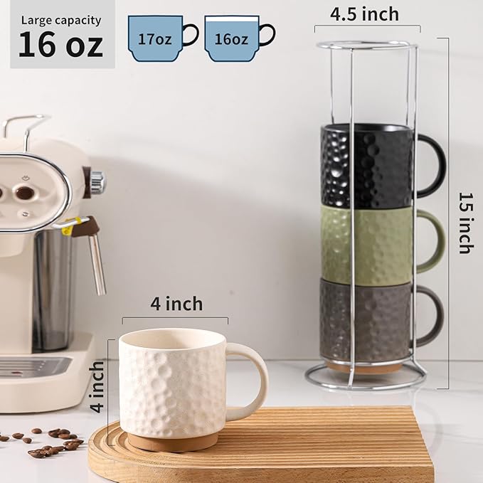 Nihow 16 Oz Ceramic Coffee Mug Set of 4 with Stackable Stand,4 color | Stackable, Stainless Stand Included, Cappuccino & Tea, Hot/Cold Drinks, Dishwasher & Microwave Safe