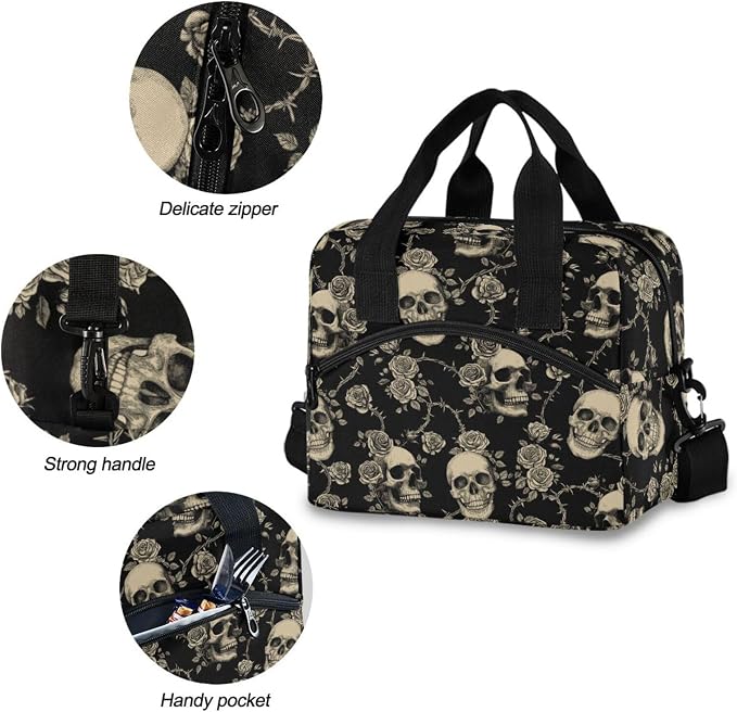 Skull Insulated Lunch Bag Reusable Lunch Tote Bag Cooler Bag for Women Men Adult Lunch Box with Adjustable Shoulder Strap Leakproof Lunch Bag for Work Picnic Camping