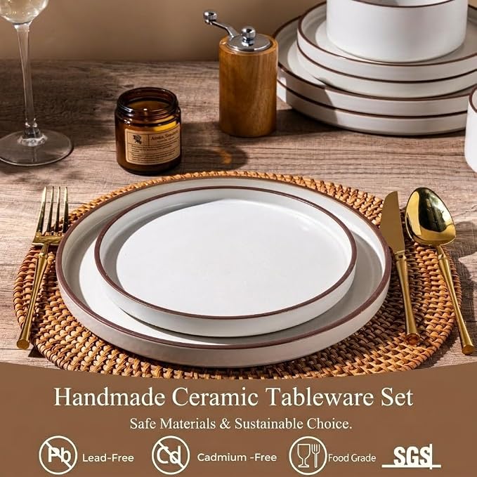 LERATIO Ceramic Dinnerware Sets for 8, High Edge Stoneware Plates and Bowls Set, Chip and Crack Resistant | Oven & Dishwasher & Microwave Safe Dishes Set, Service for 8 -Vanilla White