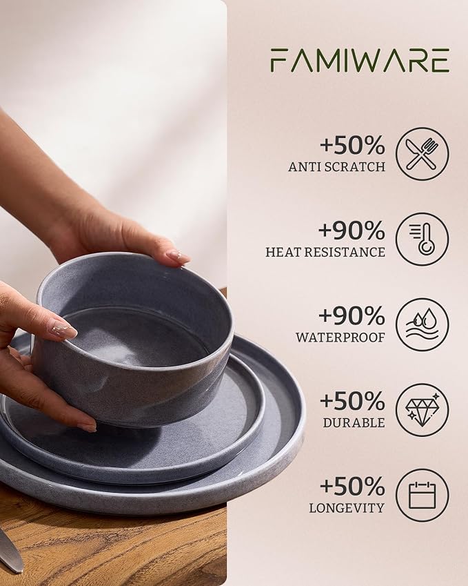 Famiware Annecy Plates and Bowls Sets, Service for 4 (16 Pieces), Dinnerware Sets with Pasta Bowls, Microwave and Dishwasher Safe Dishes Set, Chip and Scratch Resistant, Misty Blue