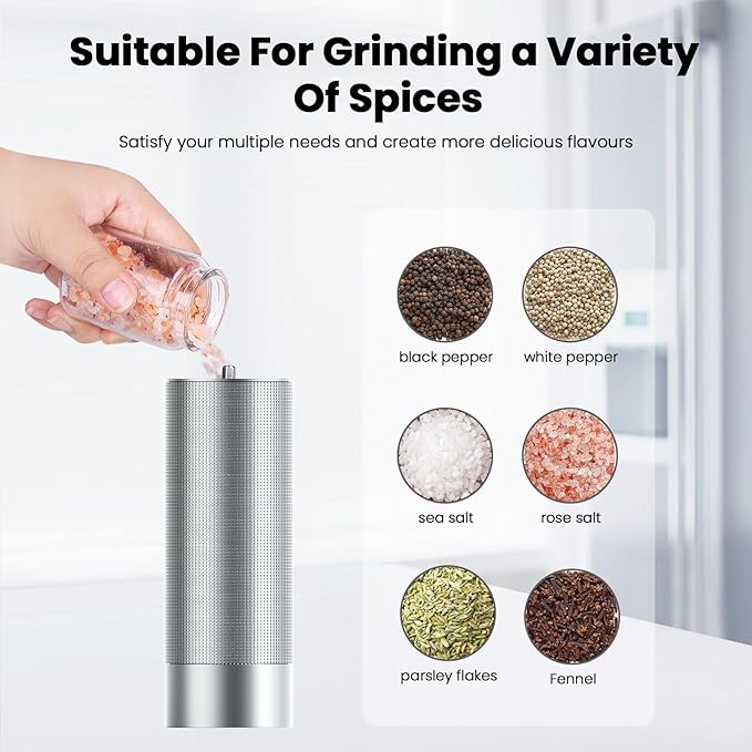 Luvan Salt Grinder, Professional Grade Salt Mill with Unique Burr Grinder, 12 Adjustable Coarseness Settings, Lightning-fast grinding speed, Heavy Duty Aluminum Manual Salt and Pepper Grinder