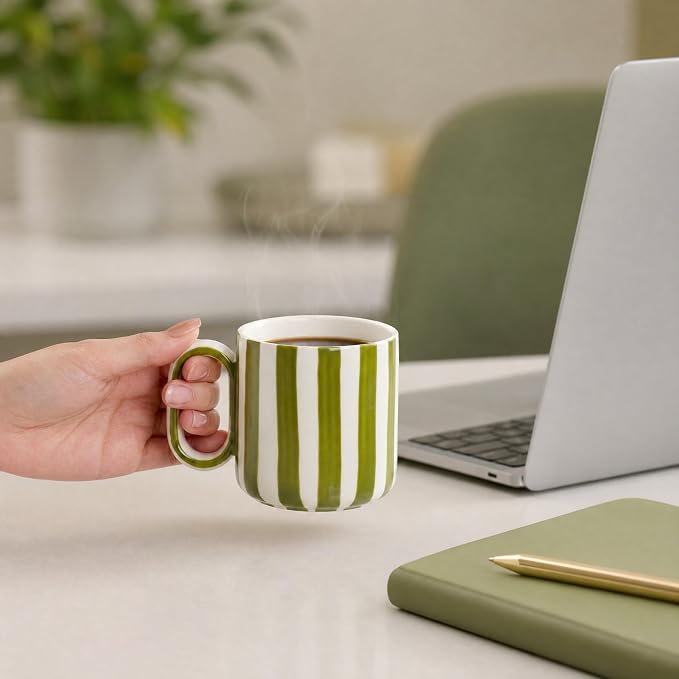 Ceramic Coffee Mugs Set of 4, 8.5 oz Small Stoneware Coffee Cups with Handle, Aesthetic Green Stripe Latte Tea Mug for Latte Tea Hot Chocolate, Microwave and Dishwasher Safe (8.5 oz)