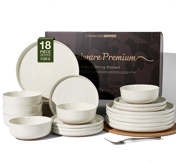 18-Piece Stoneware Dinnerware Sets for 6 - Coupe Plates and Bowls with Speckles & Spirals - Chip & Scratch Resistant, Microwave & Dishwasher Safe - Farmhouse Dishes - Gift Box, Cream