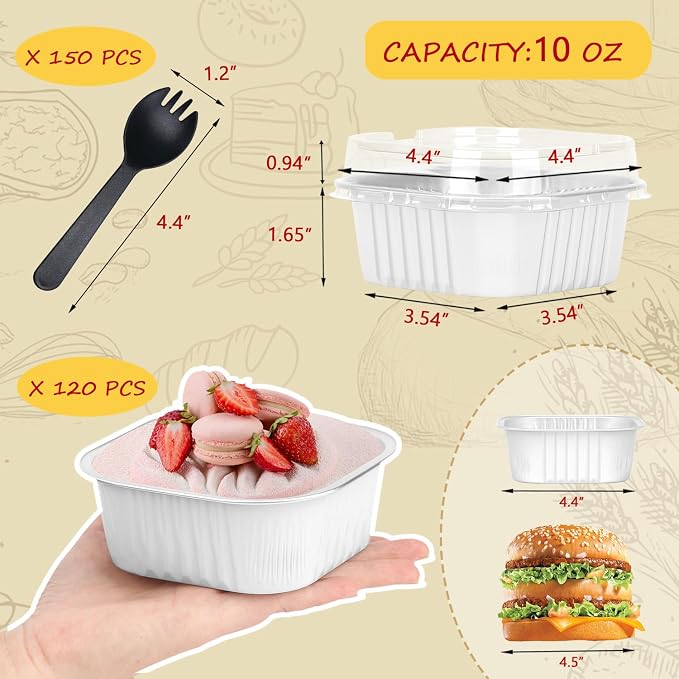 LNYZQUS 120pack/10oz Mini Cake Baking Pans with Lids, 4”X4” Small Cake Pan Foil Brownie Tins, Square Disposable Ramekins Cupcake Baking Cups Dessert Cheesecake Containers-White