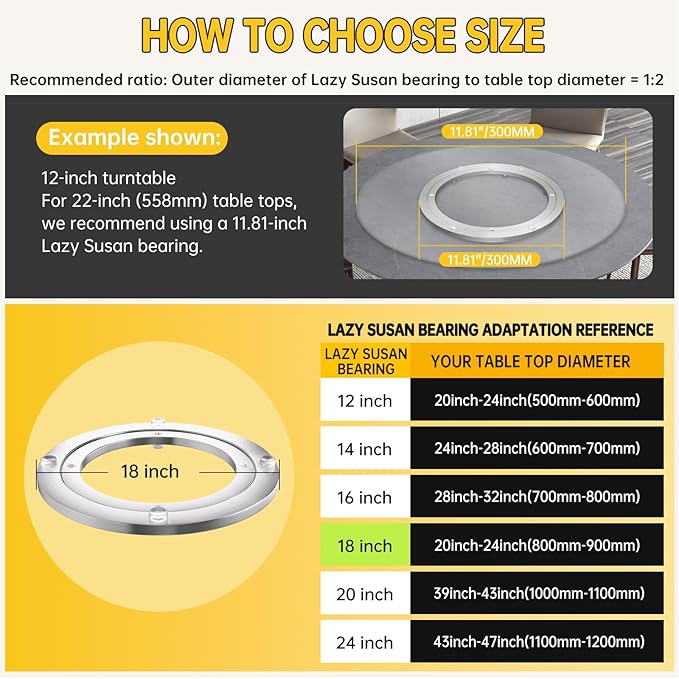 Lazy Susan Hardware 18 Inch Heavy Duty Bearing Kit, 360° Smooth Rotating Aluminium Alloy Turntable, Swivel Base for Dining Table, DIY Project, Display Stand & Workbench