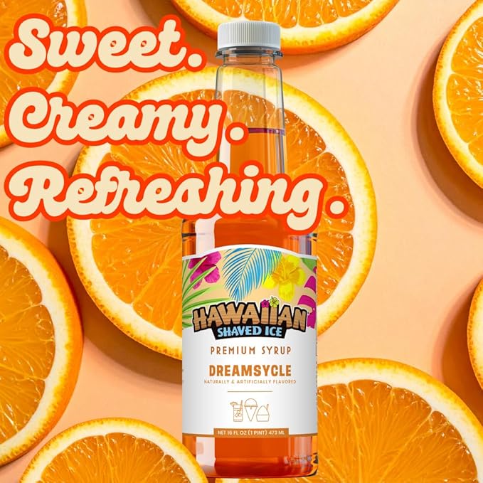 Hawaiian Shaved Ice Dreamsycle Syrup - Nut Soy Dairy Free - Flavor Fluffy & Crunchy Snow Cones - Shelf Stable - Makes 8 Servings - 16 ounces