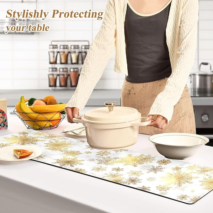 2 in 1 Table Runner Trivet for Hot Pots and Pans Heat Resistant Non Slip Waterproof 39 x 12 Inch Decorative Table Protector for Kitchen Countertop Yellow Gold Snowflake