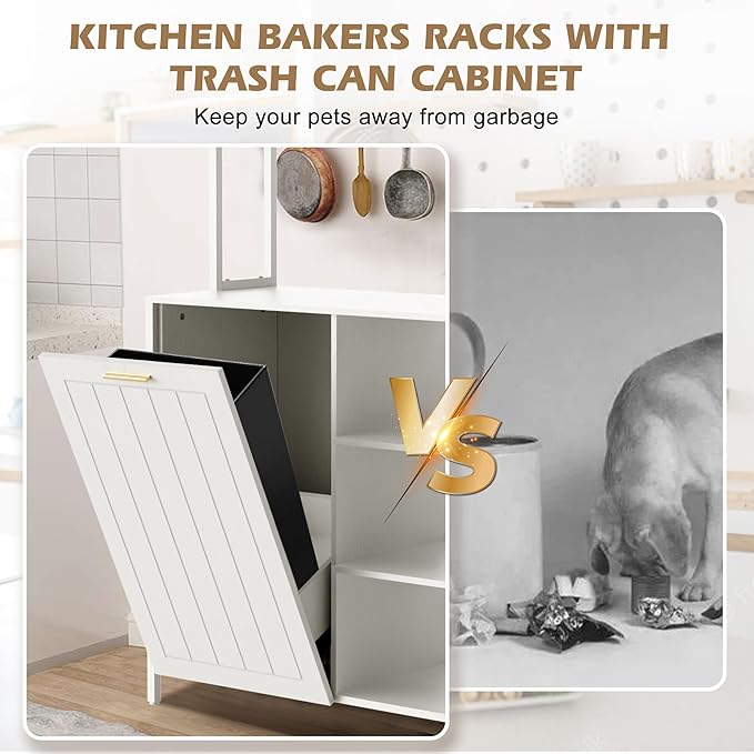 Kitchen Bakers Rack with Power Outlets, 63"H Microwave Oven Organizer with Tilt Out Trash Can Cabinet Storage Shelf 6 Tiers Coffee Bar Stand, Freestanding Pantry Hutch Rack with 6 Hooks (white)