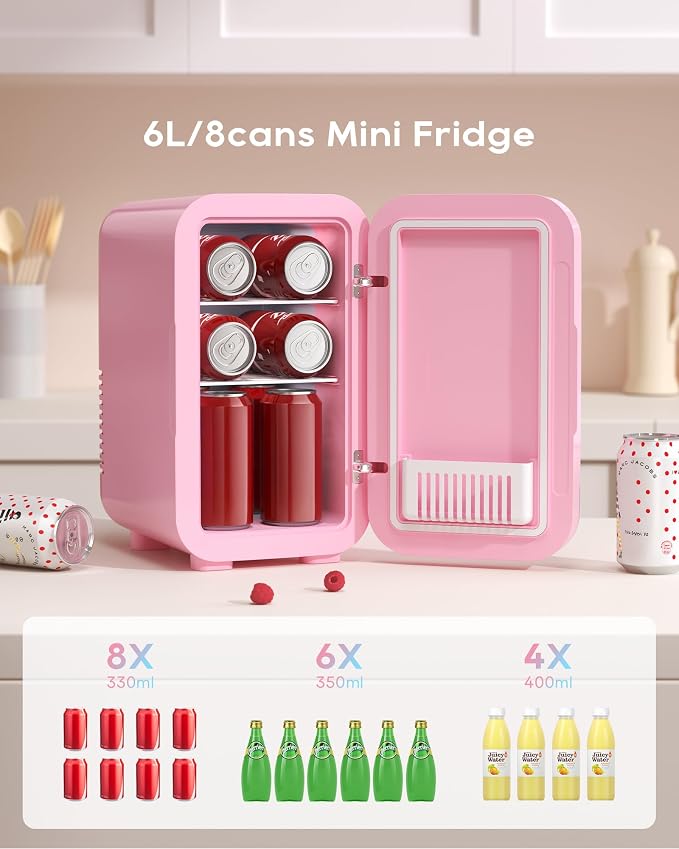 BEICHEN Mini Fridge, 6 Liter/8 Can Skincare Fridge, 110V AC/DC Portable Thermoelectric Cooler & Warmer for Skin Care, Cosmetics, Beverage, Food, Great for Bedroom, Office, Dorm (Pink)