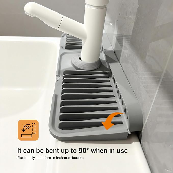 ZJWZLG Faucet Mat for Kitchen Sink, 14"X5.5" Silicone Sink Splash Guard with Soap Holder, Snap-On Design & 7°slope Fast Drain, Folding Sink Faucet Mat for Universal Kitchen Bathroom Sink（Grey）