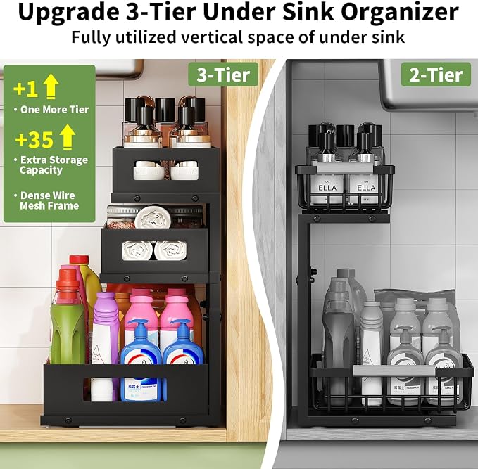 3-Tier Under Sink Organizer,2 Pack Height Adjustable Pull Out Cabinet Organizer Shelf, Thickened Metal Slide out Storage Drawer Rack for Bathroom Laundry Room Kitchen Pantry Organization (Black)