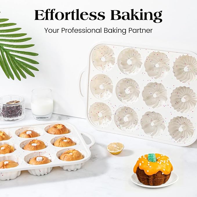 Vinino 3 Inch Silicone Mini Fluted Tube Cake Pan with Metal Reinforced Frame, 4 Different Shapes, 12-Cavity Mini Flan Mold, Nonstick Baking Pan for Mini Donuts, Jello, Pudding, Brownies, 1 Pack