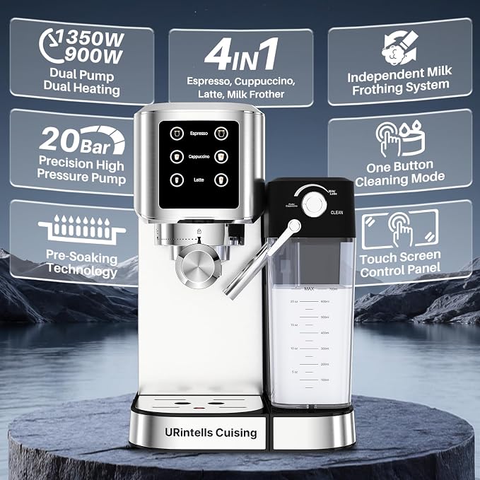 URintells Cuising Espresso Machine 4-in-1 Touchscreen Espresso Maker Hands-Free Milk Frother for Cappuccino Latte,Stainless Steel Coffee Machine with Dual Heating System and Clean Function