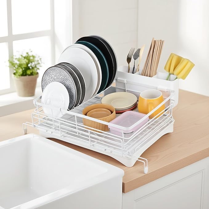 Dish Drying Rack Expandable Rack for Kitchen Counter, Carbon Steel Dish Racks Rust-Proof Large Capacity Dish Drainer with Utensil Holder, Space Saving for Bowls, Plates & Cups, White