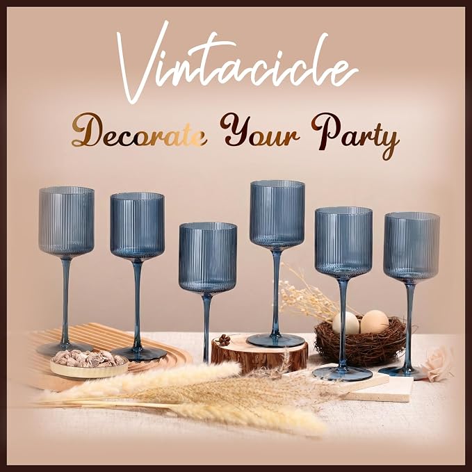 Midnight Blue Colored Square Wine Glasses Set of 6, Ribbed Design Blue Crystal Glassware with Long Stem, 11.5oz Hand Blown Red & White Wine Stemware For Home Dinner Party Wedding Housewarming Gift