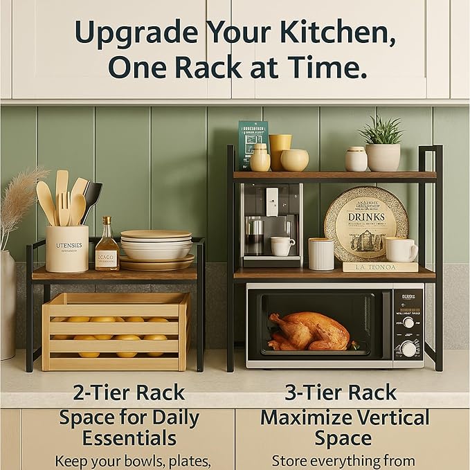 2-Tier Heavy Duty Microwave Stand, Carbon Steel Kitchen Shelf Countertop Organizer, Holds Up to 200 lbs, Space Saving Microwave Oven Rack for Kitchen Storage, Fits Most Microwaves (20.5" Width)