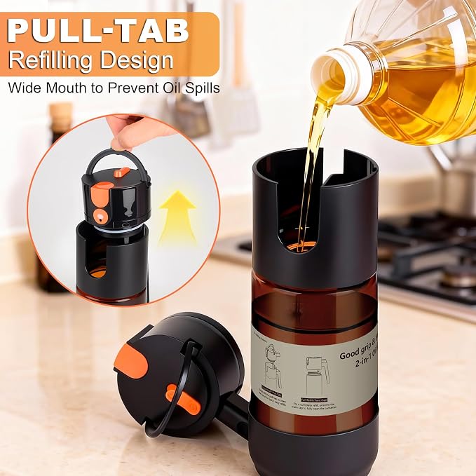 2-IN-1 Oil Sprayer for Cooking with 8 Stickers Light-Blocking Dark Glass Olive Oil Dispenser Bottle for Kitchen 500ml/16.9oz Oil Mister for Air Fryer, BBQ,Salad Even Spray with Portion Control-2PC