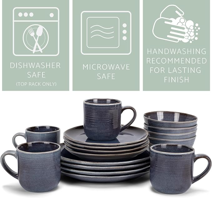 Elanze Designs Reactive Glaze Farmhouse Rustic Boho Ceramic Stoneware Dinnerware 16 Piece Plate Bowl Mug Dish Set - Service for 4, Purple Ombre Blue