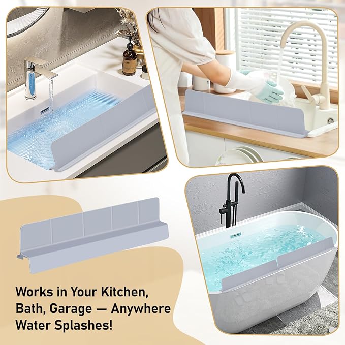 Kitchen Sink Splash Guard 23" Self-Draining Silicone Water Guard with High Splash Wall & Strong Suction Cups for Faucet, Countertop & Sink Edge, Keeps Sinks Dry, Dishwasher Safe (Gray)
