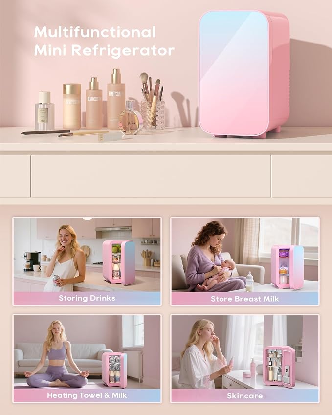 BEICHEN Mini Fridge, 6 Liter/8 Can Skincare Fridge, 110V AC/DC Portable Thermoelectric Cooler & Warmer for Skin Care, Cosmetics, Beverage, Food, Great for Bedroom, Office, Dorm (Pink)