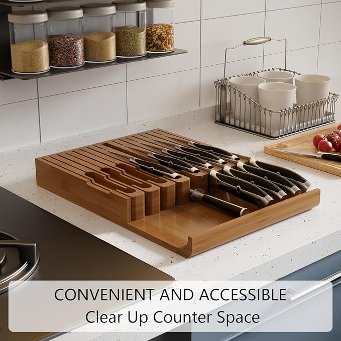 Domax Bamboo In-drawer Knife Block - Knife Drawer Organizer Insert Large Handle Steak Knife Holder, Kitchen Drawer Knife Organizer Fits for 16 knives and 1 Sharpening Steel (Not Included), Walnut