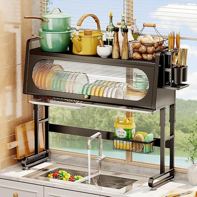 Dish Rack Cabinet Over Sink Standing Dish Drying Rack Dish Drainer Organizer with Adjustable Height Kitchen Large Capacity Kitchen Storage Shelf for Home Kitchen(Black,38.1in (97cm))
