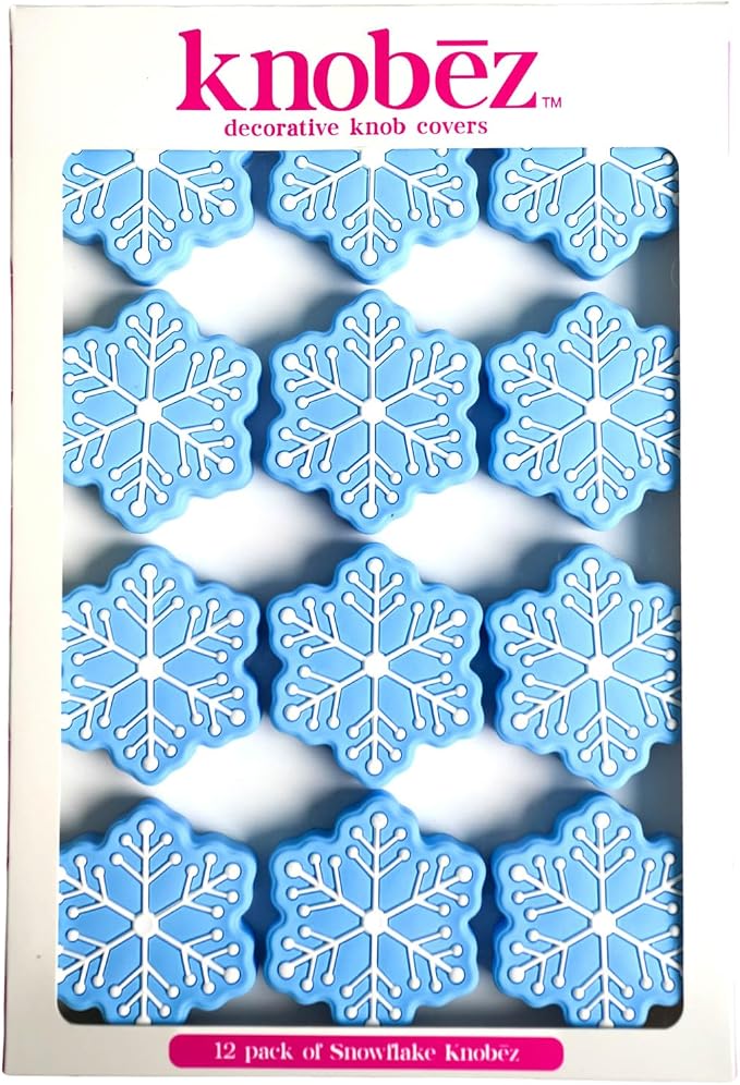 Knobēz: Decorative Knob Covers - Snowflake - 12pk, Blue - Stretch Over Hardware Decorations, Holiday-Winter-Christmas, Kitchen-Bathroom-Dressers-Home