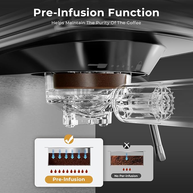 Kismile Espresso Machine 20 Bar, Small Coffee Maker with Milk Frother, Stainless Steel Coffee Machine with 45oz Removable Water Tank for Cappuccino, latte, Silver