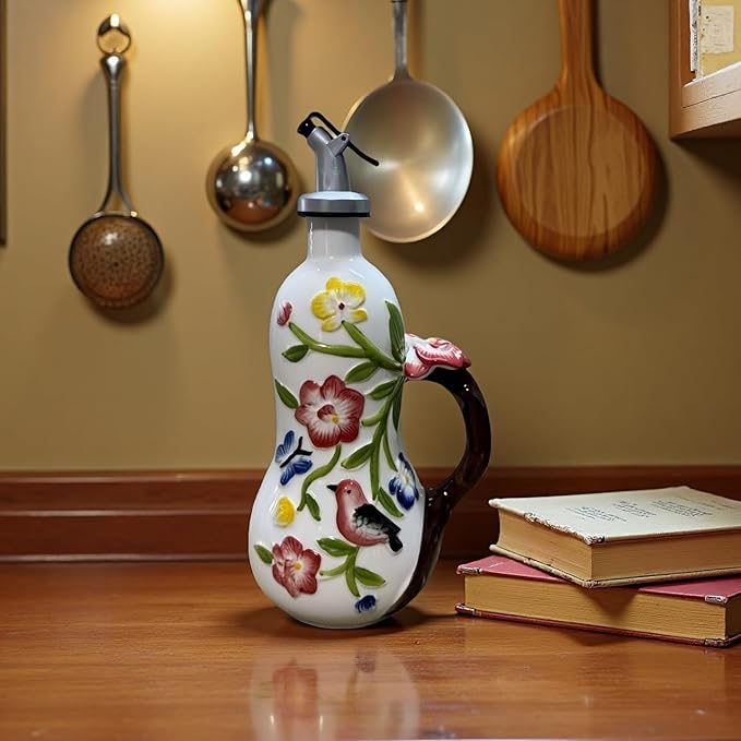 18.26oz/540ml Decorative Olive Oil Dispenser Bottle for Kitchen,Hand Painted Relief Ceramic Olive Oil Bottle,Ceramic Oil Container (Handmade Flowers)