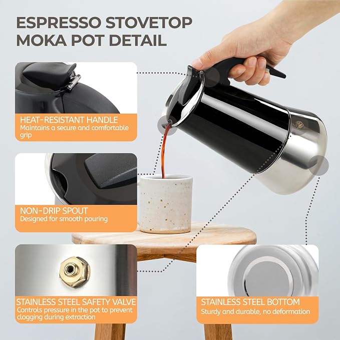 2 Cup 100ml Moka Pot Stainless Steel Espresso Coffee Maker Stovetop Coffeemaker Italian Classic Style Brewing Greca Cafe Mocha Machine for Cafeteras Lover Camping Travel and Home Use 3.3oz