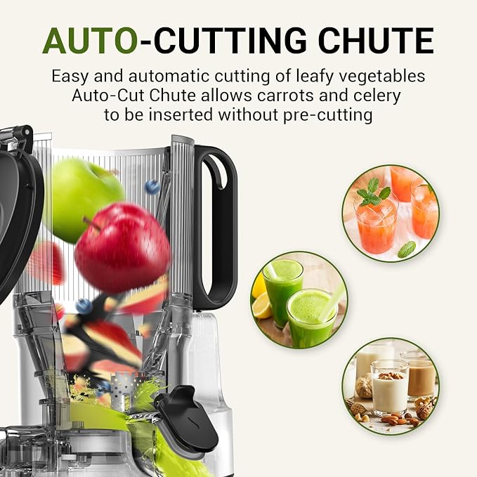 AMZCHEF Cold Press Juicer Machine, 5.8" Wide Chute for Whole Fruits & Vegetables, Self-Feeding Slow Masticating Juicer, 3-in-1 for Juice, Nut Milk & Sorbet, Triple Filtration, Easy Clean