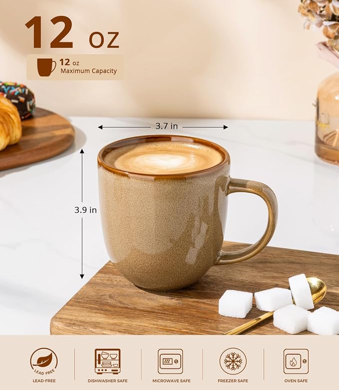 LERATIO Ceramic Coffee Mugs Set of 6,12oz Handmade Coffee Mugs Set with Large Handle for Cappuccino/Latte/Tea/Hot Cocoa, Dishwasher & Microwave Safe-Chestnut