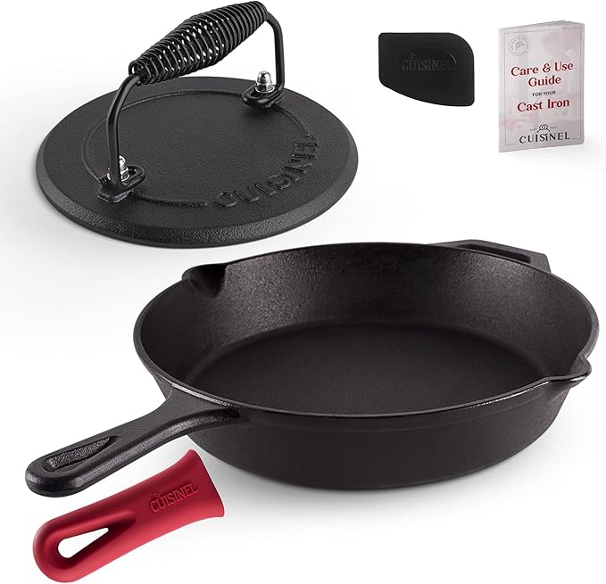 Cast Iron Skillet + Grill Press + Scraper Set - 12"-inch Pre-Seasoned Frying Pan + Silicone Handle Grip - 7" Round Burger Smasher - Indoor/Outdoor, Stove, Oven, Grill, Induction Kitchen Cookware