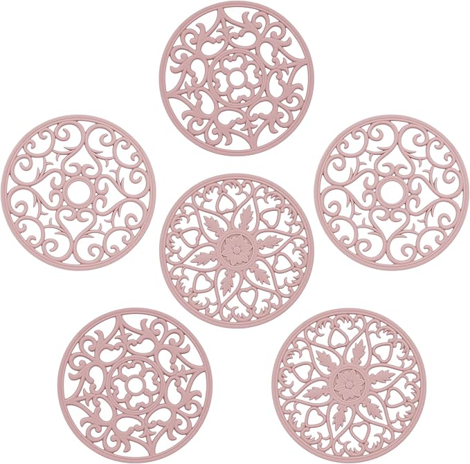 Silicone Trivets for Hot Dishes, Hot Pots and Pans, Modern Silicone Hot Pads for Kitchen, Multi-Use Intricately Carved Trivet Mat, Pink Round Potholders Pot Holders Pack 6