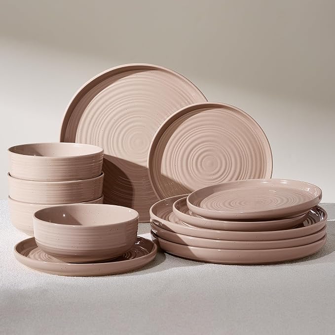 12-Piece Stoneware Dinnerware Sets, Service for 4 - Speckled Glaze with Spiral Design – Farmhouse Coupe Plates and Bowls - Chip & Scratch Resistant, Microwave & Dishwasher Safe, Brown