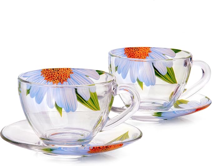 STP GOODS Glass Tea Cup and Saucer Set of 2 Glass Teacups 6.8 fl oz (200 ml) Cups with Matching Saucers for Two, Tea Coffee Set for 2, Coffee Cups, Dishwasher and Microwave safe (Daisy)