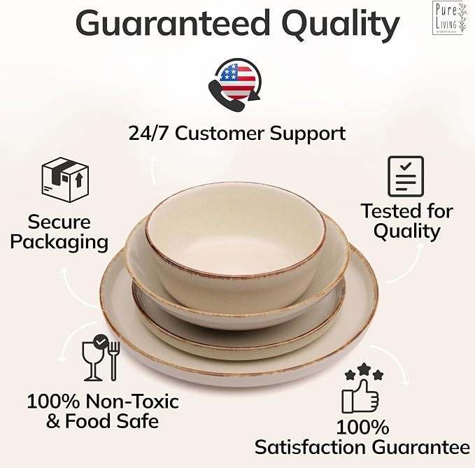 32 Piece Stoneware Dinnerware Set for 8 - Handmade Reactive Glaze Plates and Bowls Set - Chip & Scratch Resistant Dish Set - Dishwasher Microwave Safe - Rustic Beige