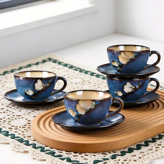 8 Oz Floral Porcelain Cappuccino Cups with Saucers Set of 4, Stoneware Tea Coffee Mugs for Home Kitchen & Office, Dishwasher Microwave Oven Safe, for Espresso, Latte, Americano, Milk & Tea, Dark Blue