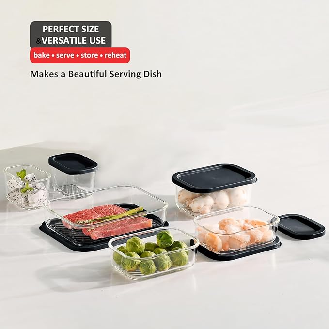 EATEX Grooved Base Glass Meal Prep Containers, 6 Pack Glass Food Storage Containers with Lids for Meal Prep & Lunch, Microwave Oven Freezer Dishwasher Safe, Anti Moisture Non-Stick Design - Black