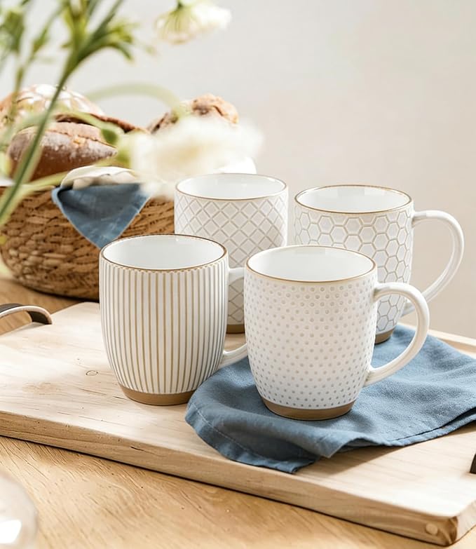 GBhome Large Coffee Mugs Set of 4, 16oz Handmade Embossed Coffee Mugs Set with Large Handle for Cappuccino/Latte/Tea/Hot Cocoa, Dishwasher & Microwave Safe, Off White