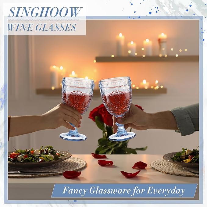 6 Pcs Goblet Glasses 10 oz Wine Glasses, Drinking Glasses Colored Retro Embossed Water Goblets For Wine Juice Baby Shower Wedding Reception Grand Event Party, Dishwasher Safe (Blue)