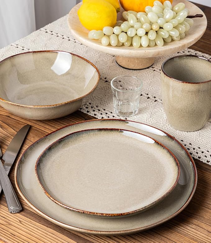 GBHOME Stoneware Dinnerware Sets for 4,12 Pieces Rustic Earthenware Plates and Bowls Set,Handmade Reactive Glaze Ceramic Plate Sets, Chip Resistant Dishes, Microwave & Dishwasher Safe, Smokey Taupe