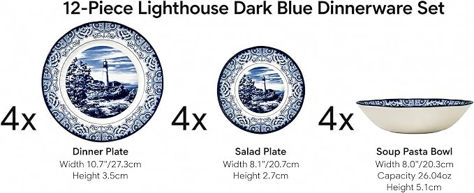 Tudor Royal 12-Piece Round Porcelain Dinnerware Set, Service for 4 - Light House Dark Blue Design, Plates Bowls Dishes, Premium Quality Tableware, Unique Pattern, Glossy