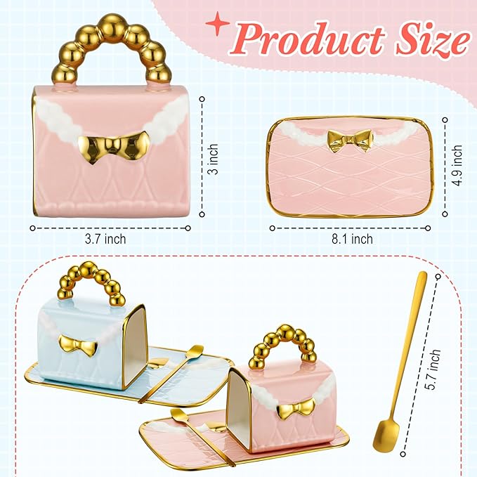 Nitial 2 Sets Mug and Saucer Set Handbag Shaped Ceramic Tea Cup with Saucer Spoon 10 oz/ 310 ml Purse Gift Mug for Office Home Coffee (Pink, Blue)