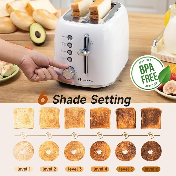 Aigostar Retro 2 Slice Toaster, Stainless Steel, White | Extra Wide Slots, Bagel Function, Cancel & Defrost, 6 Shade Settings, Removable Crumb Tray