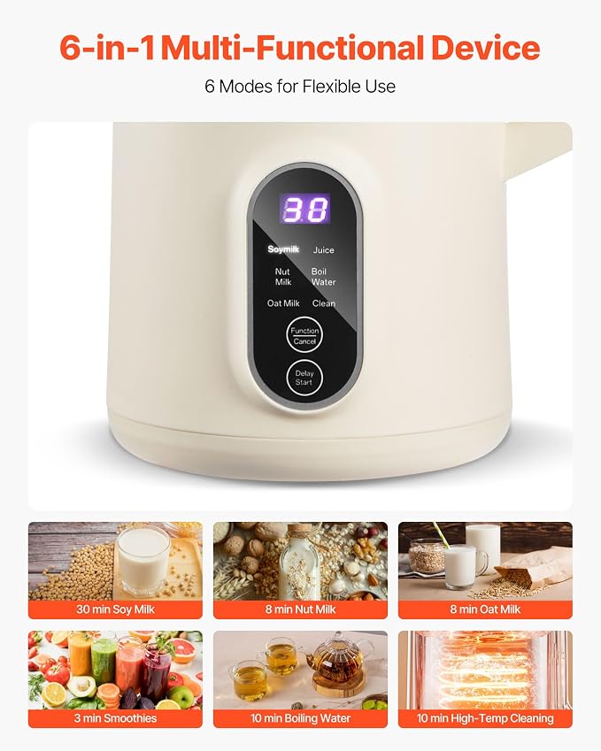 VEVOR 6-in-1 Nut Milk Maker, 20 oz Soy Milk Maker Machine with 6 Blades, for Homemade Oat, Nut, Soy, Juice, Plant-Based and Non Dairy Beverages with High-Temp Self-Cleaning, Boil Water, 12-Hour Delay