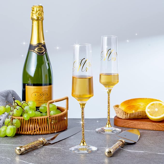 Wedding Cake Knife and Server Set, Champagne Flutes Print Mr and Mrs for Bride and Groom Toasting Glasses Wedding Bridal Shower Gifts